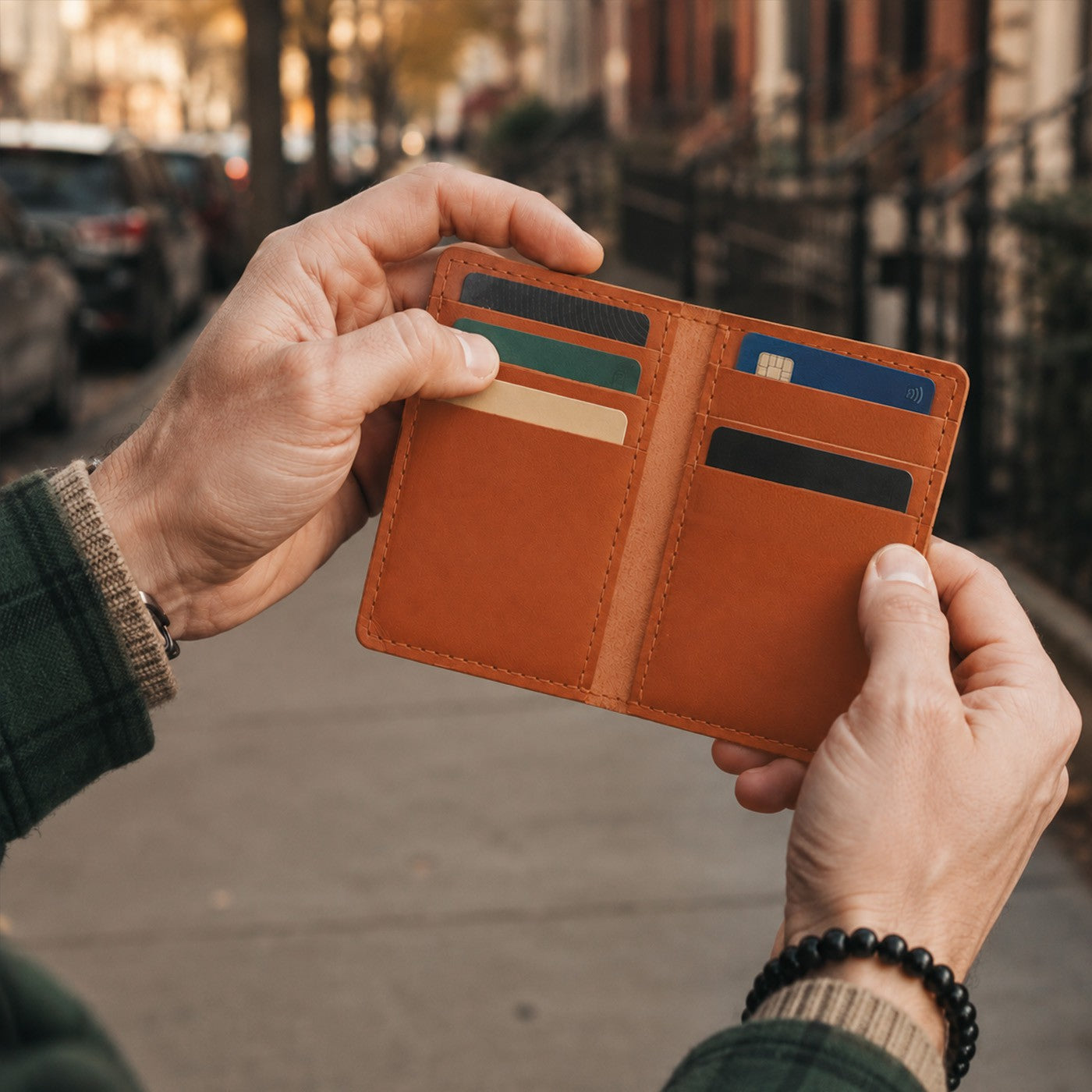 Toscano | A close-up shot of hands holding an open card holder against a blurred urban street background