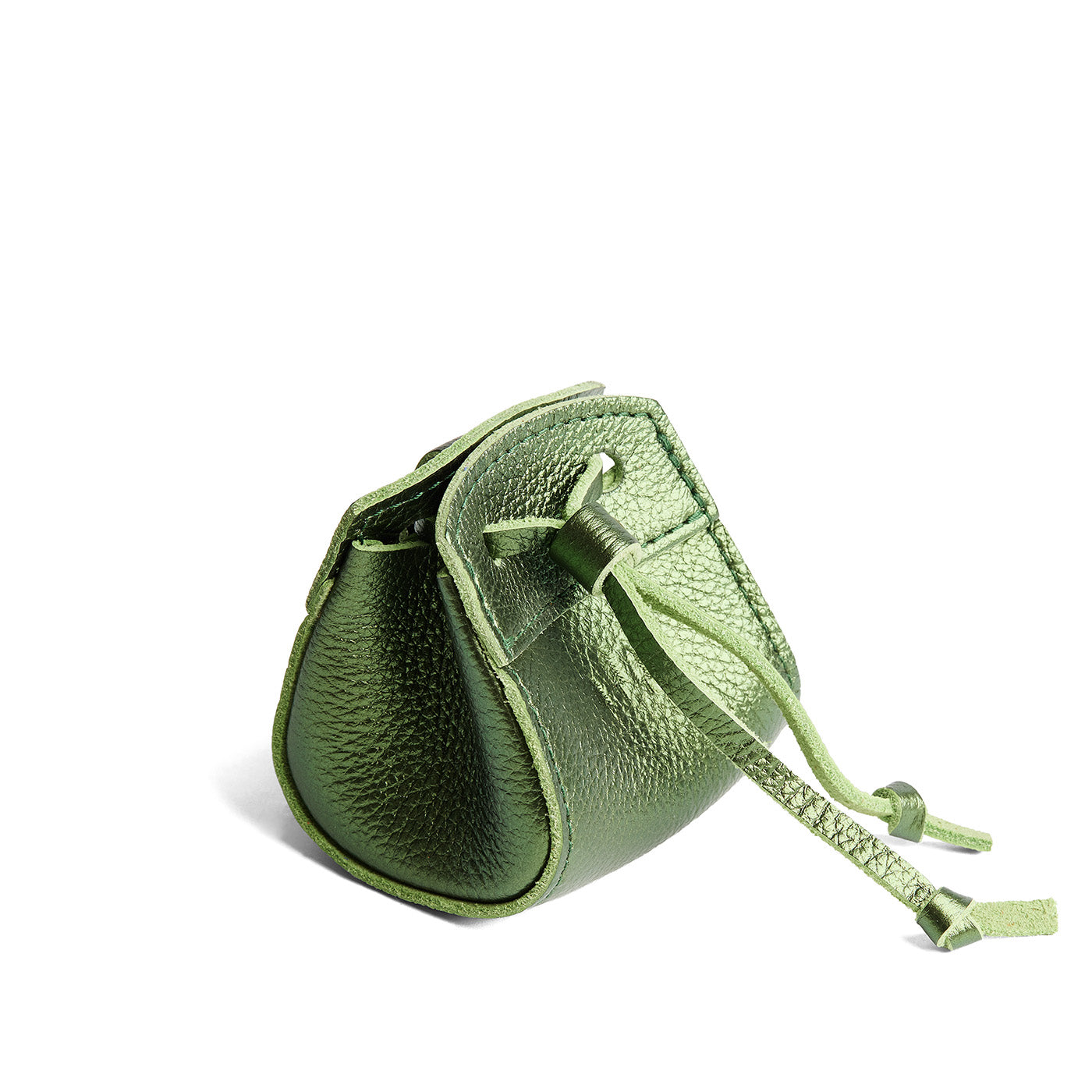 Metallic Greench | Small leather pouch with leather drawstring closure and lobster claw clasp