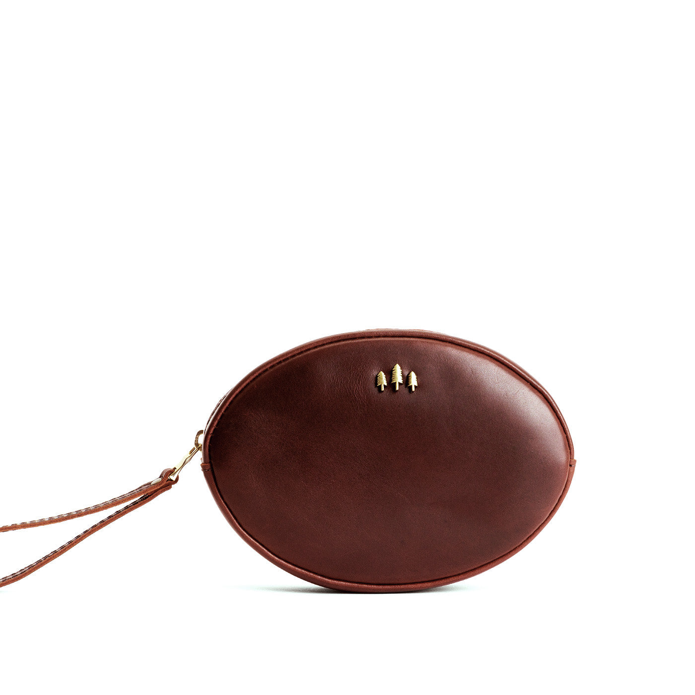Cognac*Large | Oval shaped pouch with zipper and wristlet strap