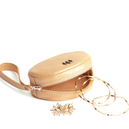 Champagne*Small | Oval shaped pouch with zipper and wristlet strap