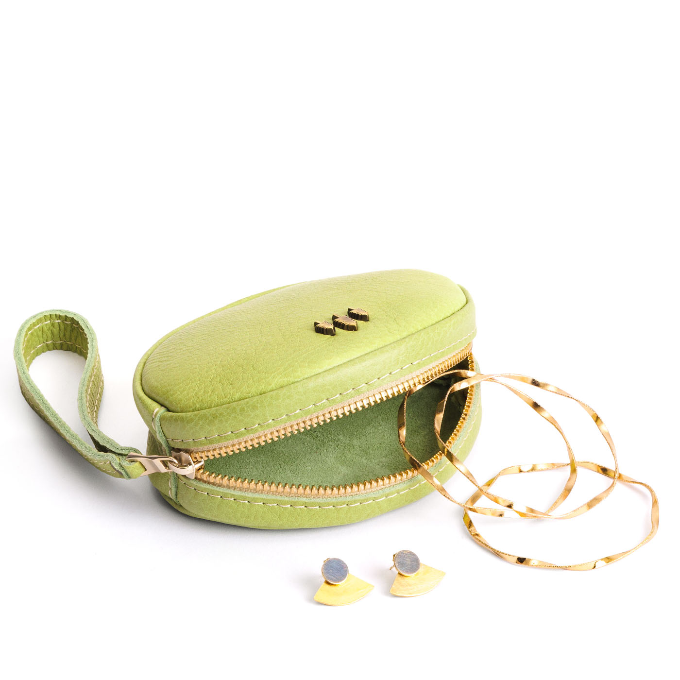 Sugar Snap*Small | Oval shaped pouch with zipper and wristlet strap open with accessories