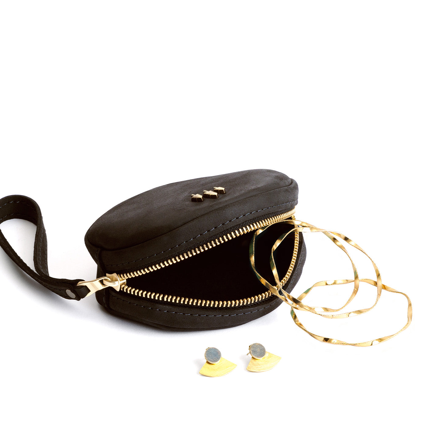 Shadow Black*Small | Oval shaped pouches with zipper and wristlet strap open with accessories