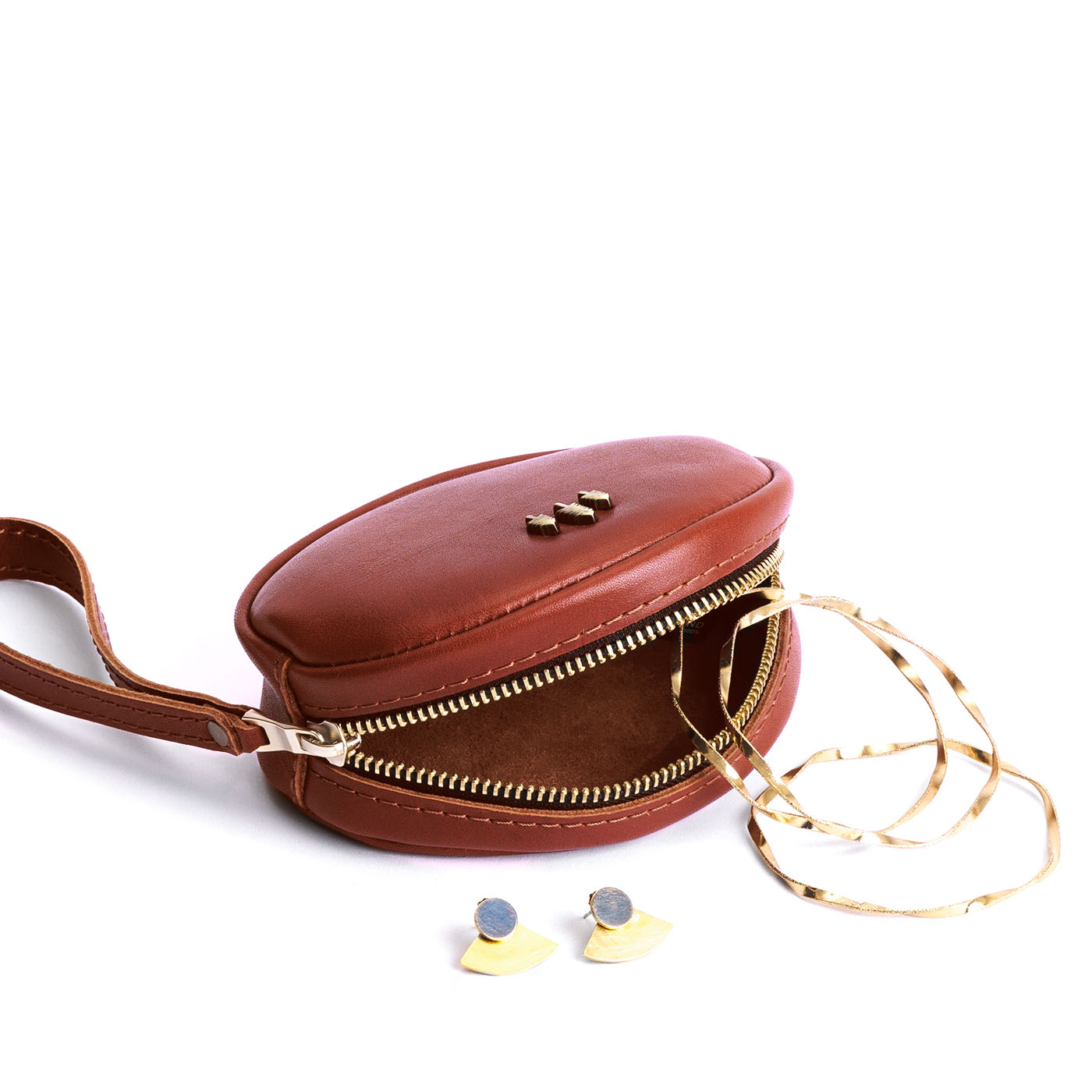 Chestnut*Small | Oval shaped pouch with zipper and wristlet strap