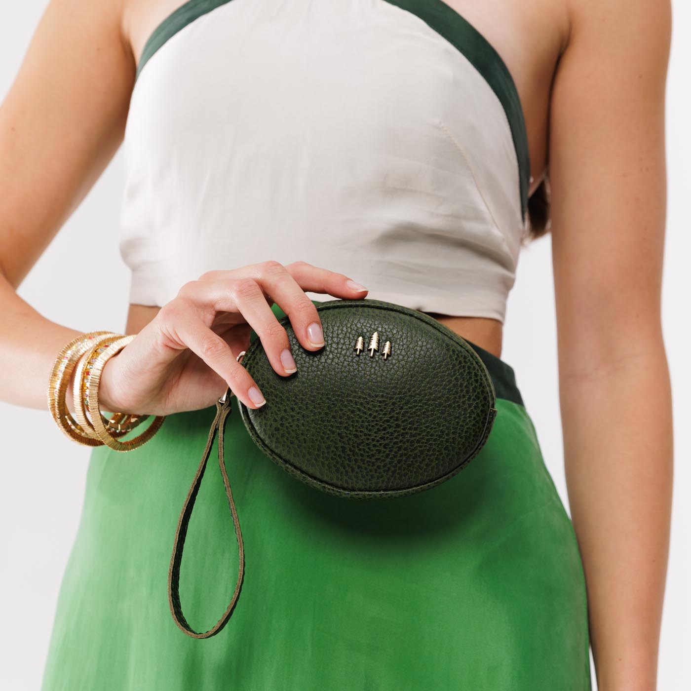 Avocado*Small | Oval shaped pouch with zipper and wristlet strap