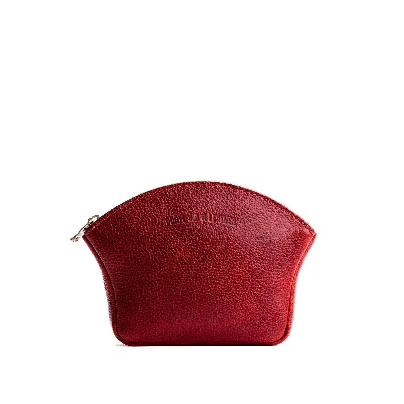 Chili Red*Large | Seashell shaped leather makeup bag with curved top zipper and flat bottom