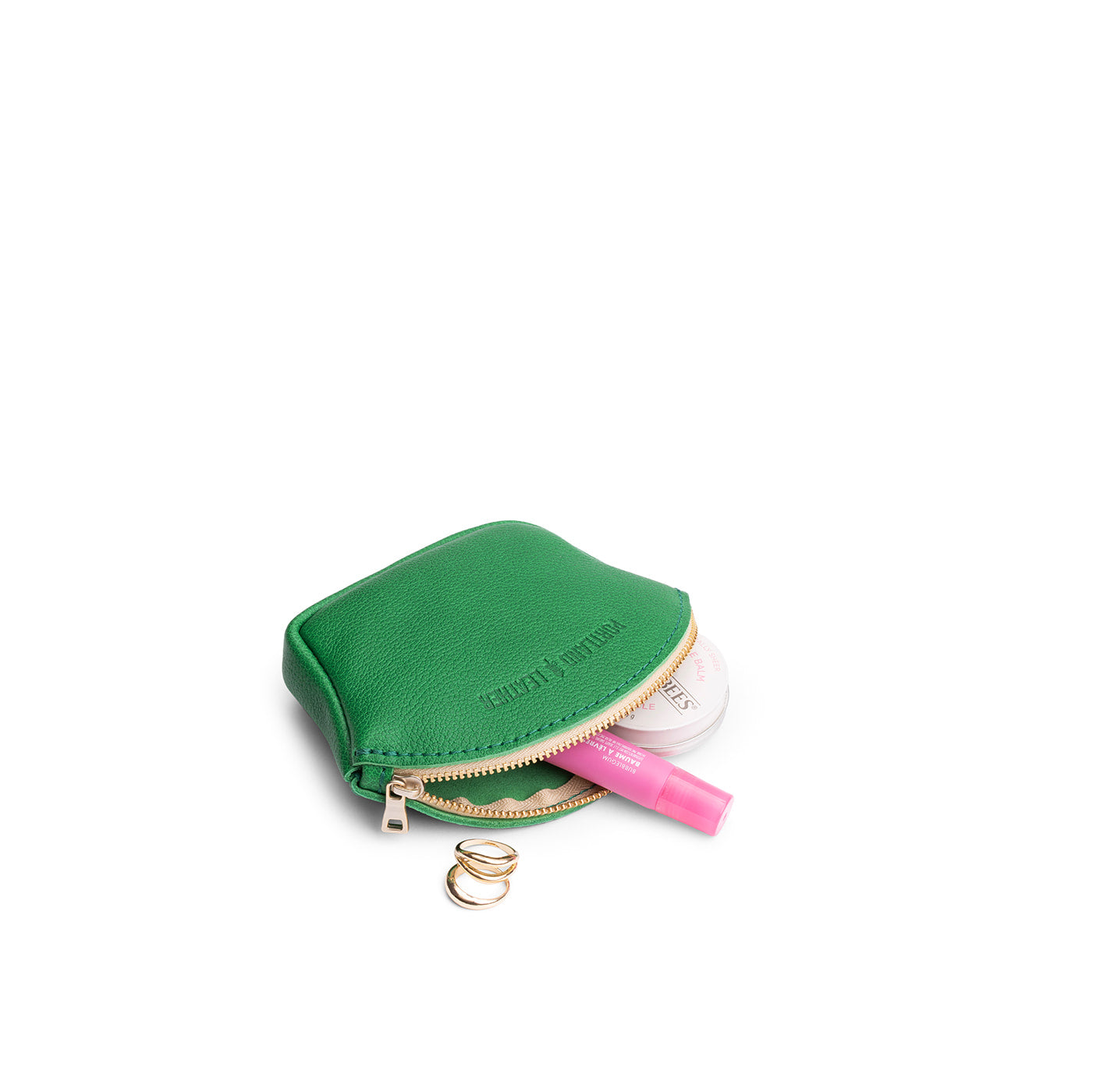 Jolly Green*Small | Seashell shaped leather makeup bag with curved top zipper and flat bottom