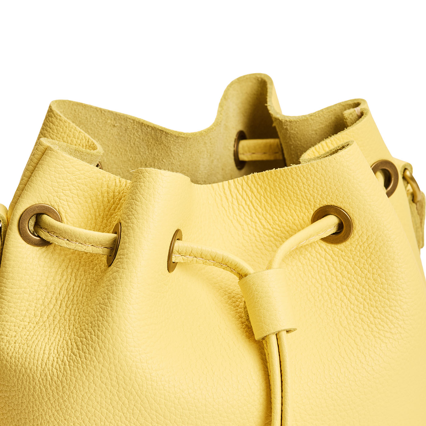 Butter Bliss| Close-up of slouchy crossbody bag with leather drawstring closure