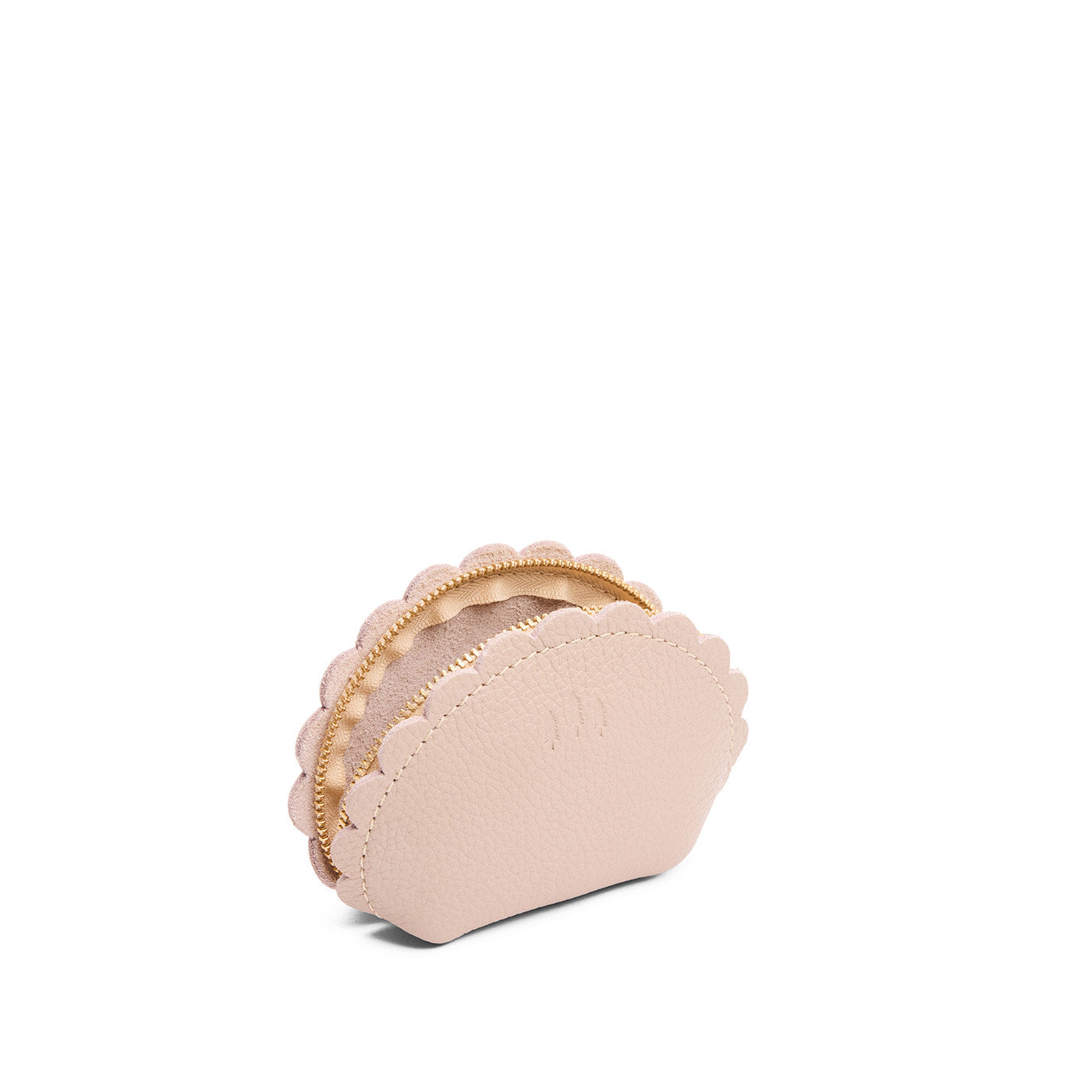 Oatmilk*Small | Curved leather pouch with zipper and scalloped edges