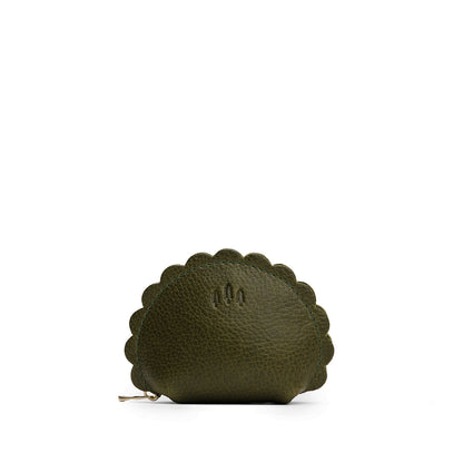 Pebbled Olive*Small | Curved leather pouch with zipper and scalloped edges