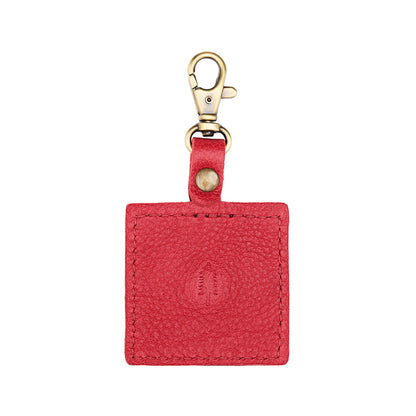 Cherry | Square-shaped leather AirTag holder with snap closure and swivel lobster claw clasp