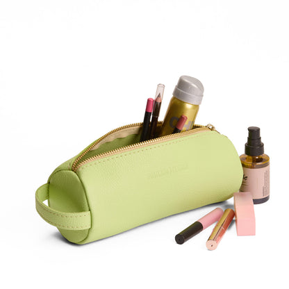 Shadow Lime | Cylindrical leather pouch with zipper and handle