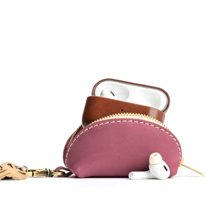 Foxglove | Taco shaped leather pouch with zipper and swivel lobster clasp on white background