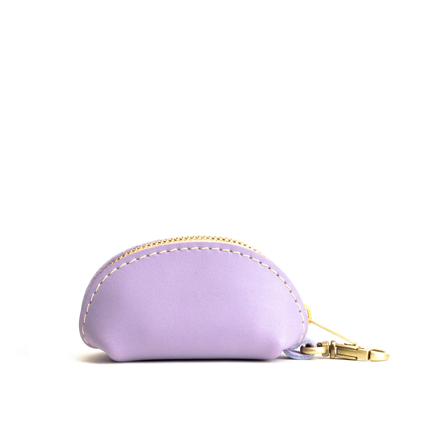 Lavender | Taco shaped leather pouch with zipper and swivel lobster clasp on white background