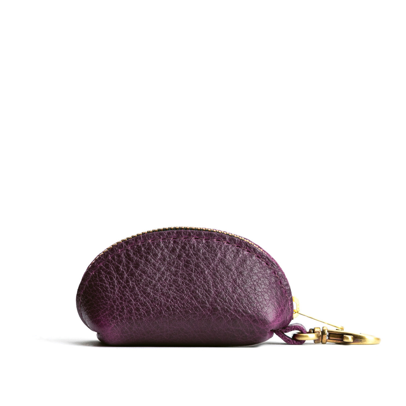 Plum | Taco shaped leather pouch with zipper and swivel lobster clasp on white background