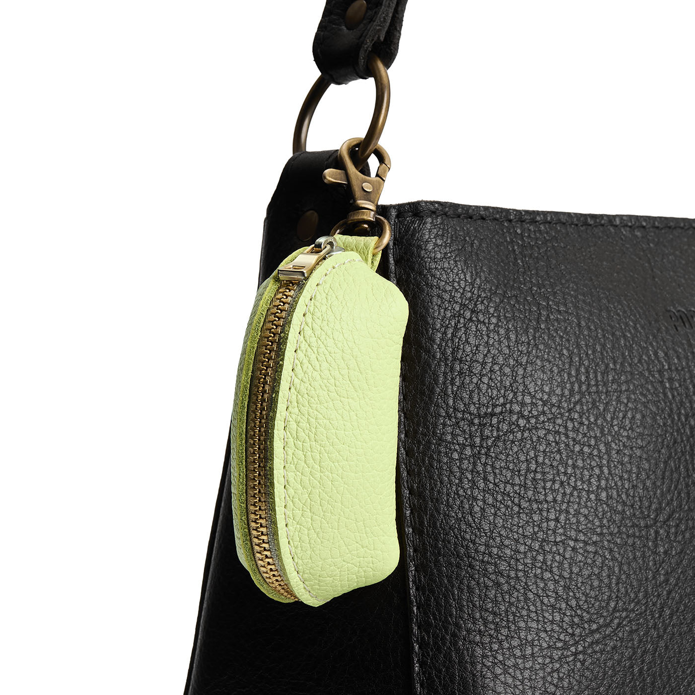Shadow Lime | Taco shaped leather pouch with zipper and swivel lobster clasp on bag