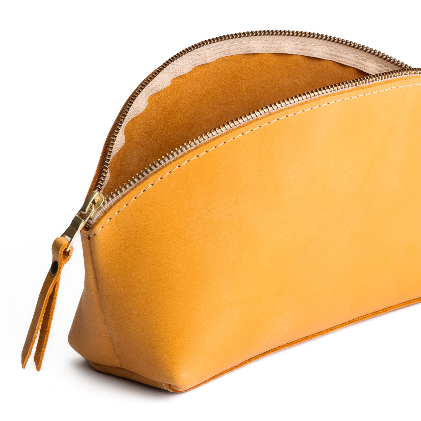 Sunflower | Spacious leather makeup bag with curved seams and top zipper open