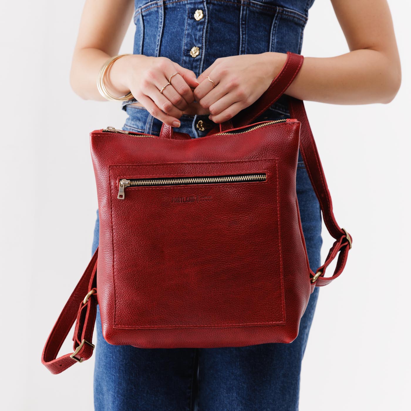 Chili Red*Large | Square slim leather tote backpack