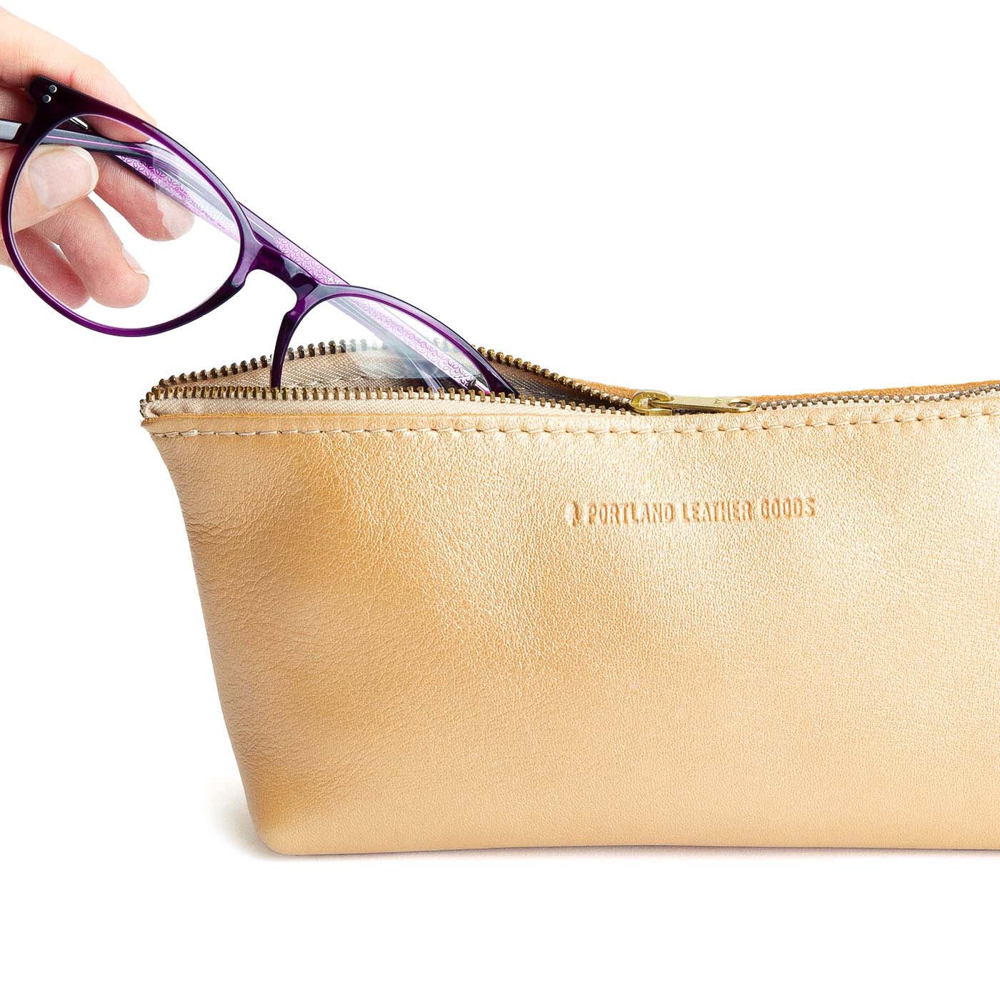 Champagne | Leather utility bag pouch with top zipper
