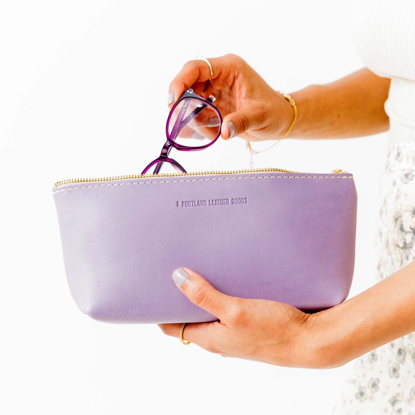 All Color: Lavender | Leather utility bag pouch with top zipper