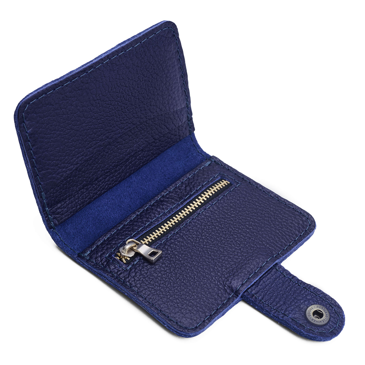Cobalt | Small leather bifold wallet with snap open