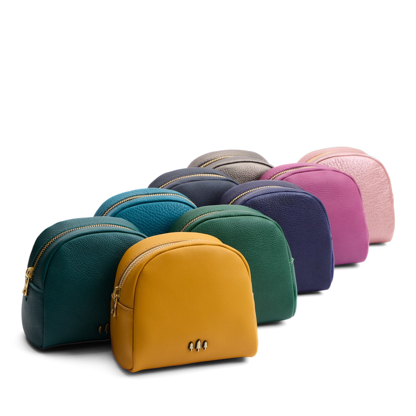 All Variants | Nine leather pouches with curved top, zipper opening, flat base, and three metal tree emblems in front