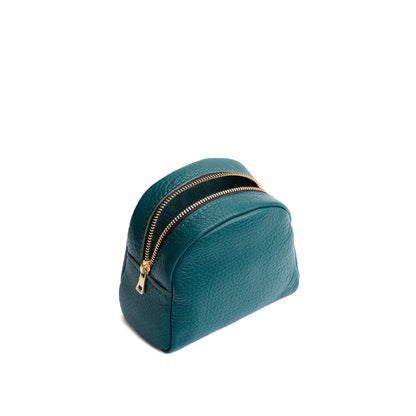 Soul Blue | Curved top leather pouch with zipper opening, flat base, and three metal tree emblems in front