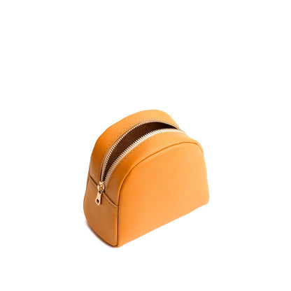 Sunflower | Curved top leather pouch with zipper opening, flat base, and three metal tree emblems in front