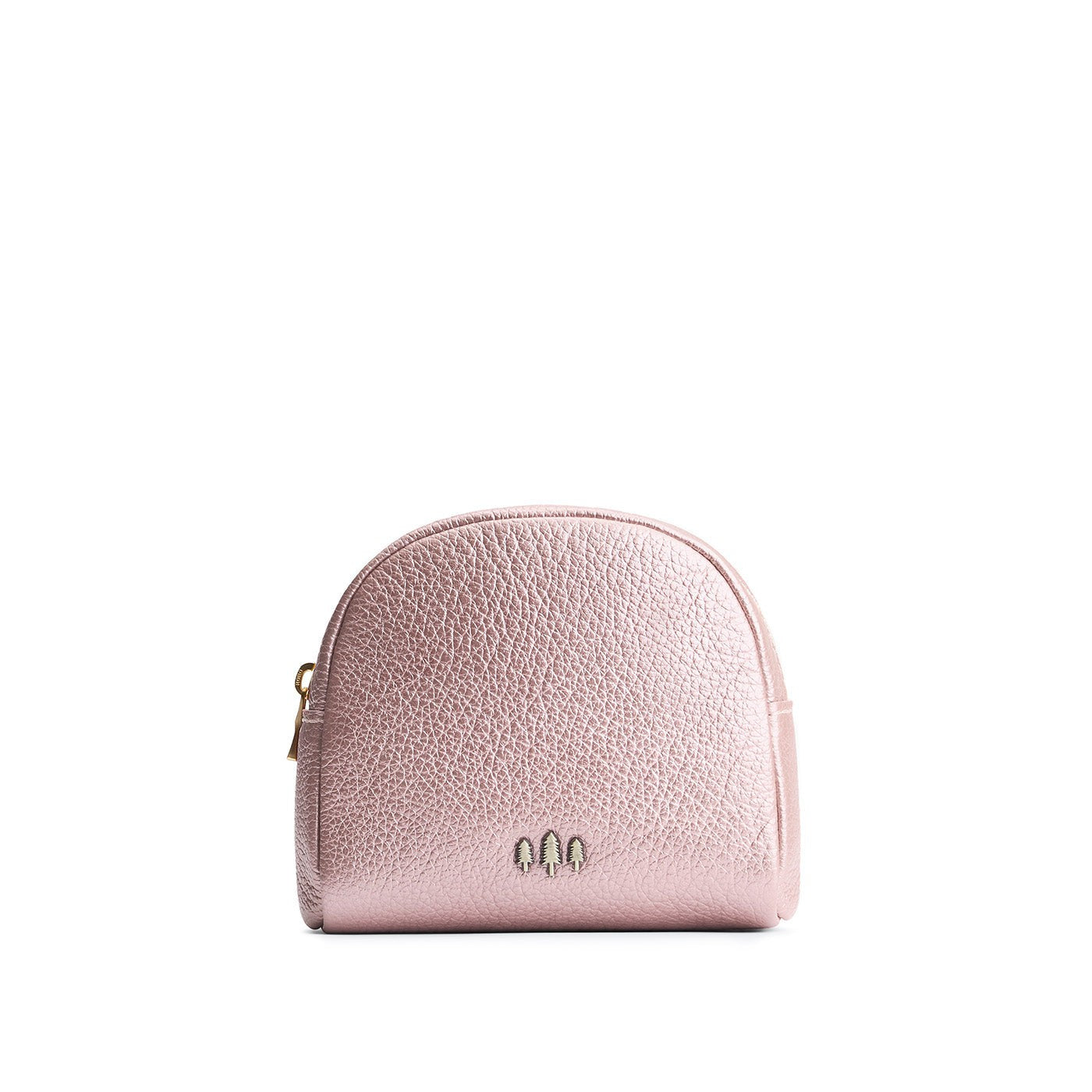 Supernova | Curved top leather pouch with zipper opening, flat base, and three metal tree emblems in front