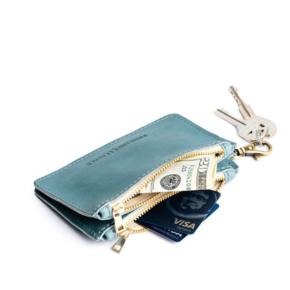 Aqua | Leather double zip wallet with keychain clasp