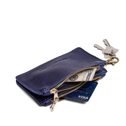 Cobalt | Leather double zip wallet with keychain clasp