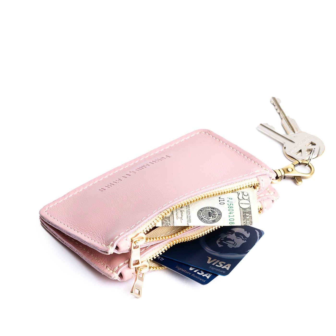 Vintage Pink | Leather double zip wallet with keychain clasp