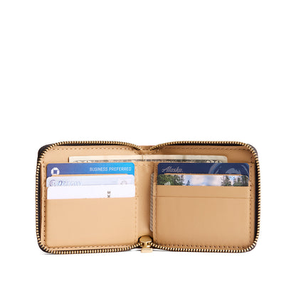 Black | Small leather zippered bifold wallet open